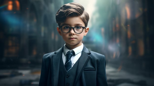 young boy in formal attire standing in urban setting photo