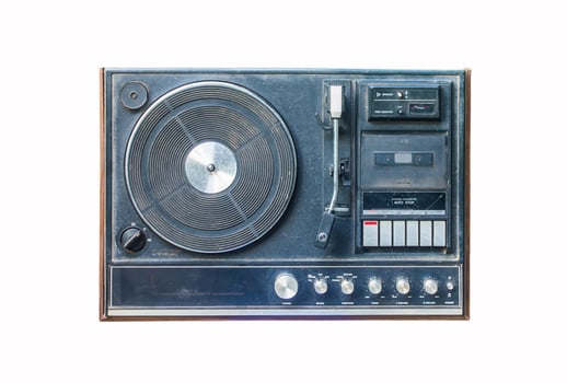 Old dusty vinyl player on whitw back ground photo