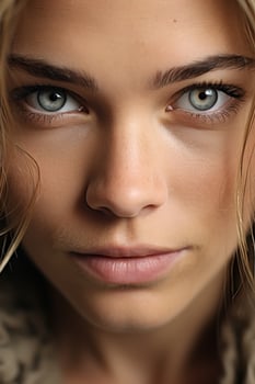 Intense gaze of a young woman with striking blue eyes photo