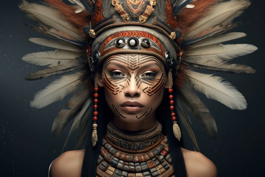 indigenous tribal warrior woman with feathered headdress photo
