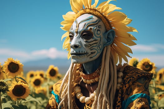 Colorful tribal mask with sunflowers photo