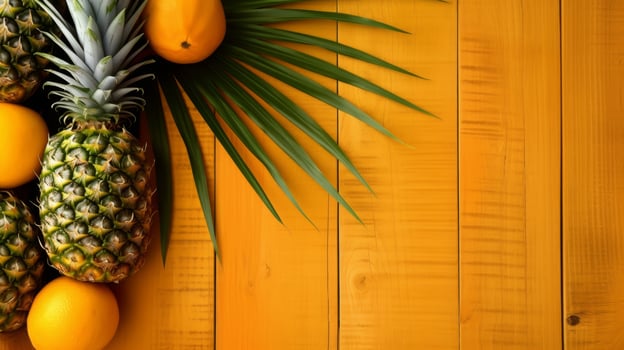Tropical fruits and palm leaves on wooden background photo