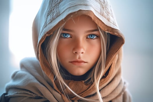 Mysterious hooded figure with piercing blue eyes photo