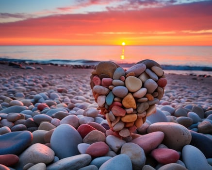 Colorful sunset over the beach with a heart shaped arrangement of stones photo