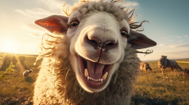 Funny and expressive sheep in a field photo