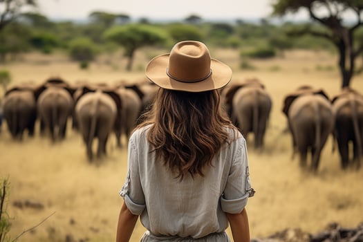 woman in safari outfit observing herd of elephants in savanna photo