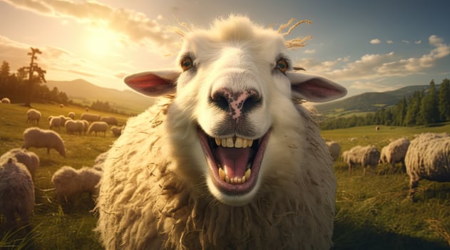 Smiling sheep in a pastoral mountain landscape photo