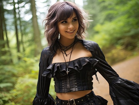 smiling woman in black outfit in forest photo