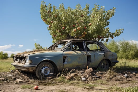 abandoned vintage car in overgrown field with apple tree photo
