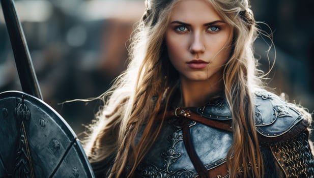 Fierce female warrior with armor and sword photo