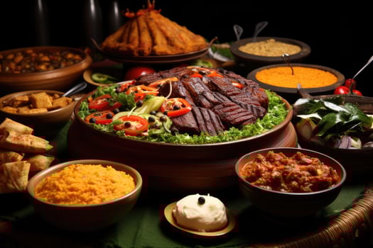 Delicious Mexican cuisine with grilled steak, rice, beans, and vegetables photo