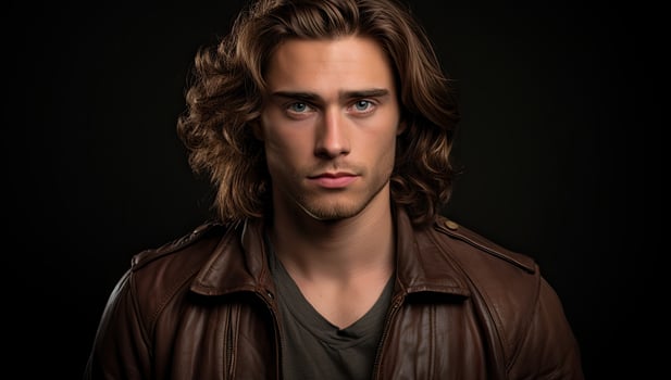 Handsome man with long curly hair in leather jacket photo
