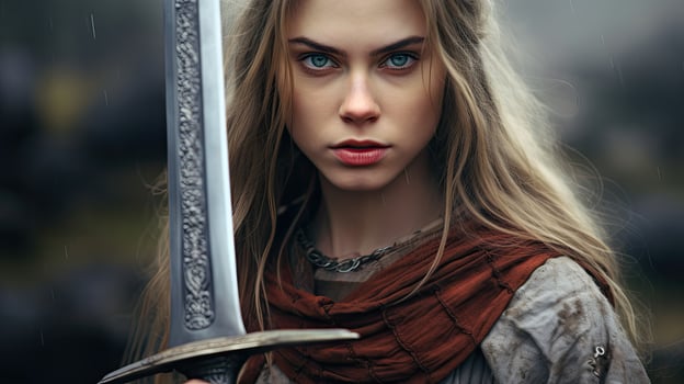 Mysterious woman with intense gaze holding an ancient book photo