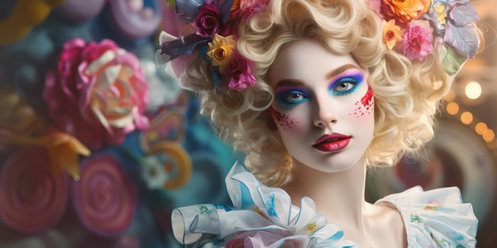 Glamorous woman with floral headpiece and colorful makeup photo