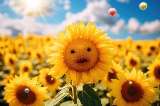 Smiling sunflower in field of sunflowers photo