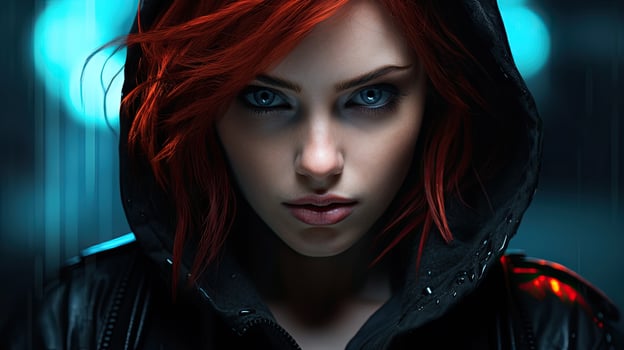 Mysterious woman with red hair and intense blue eyes photo