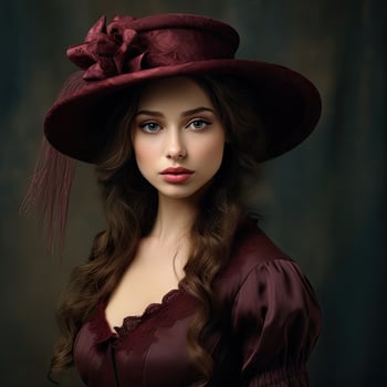 Elegant woman in burgundy dress and hat photo