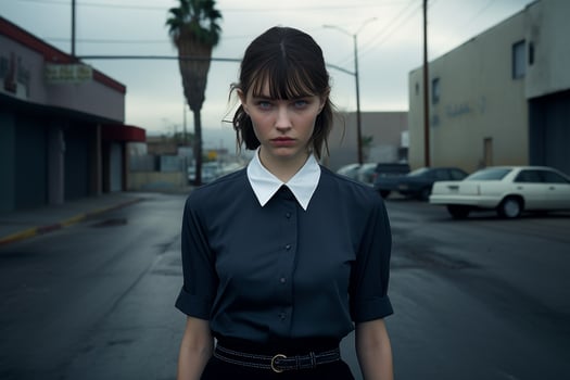 serious young woman in black outfit standing on city street photo