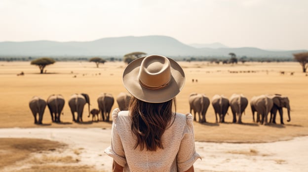 woman watching elephants in the savanna photo