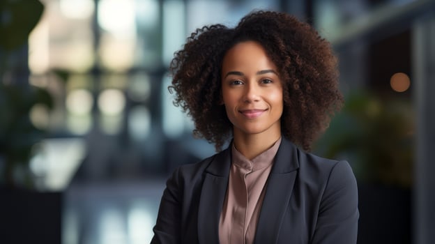 Confident businesswoman with curly hair smiling photo