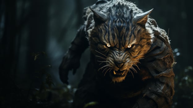 Fierce black panther in the dark forest photo