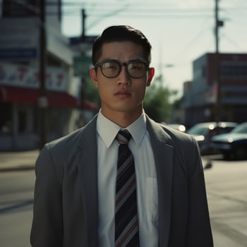 young asian businessman in suit and tie standing on city street photo