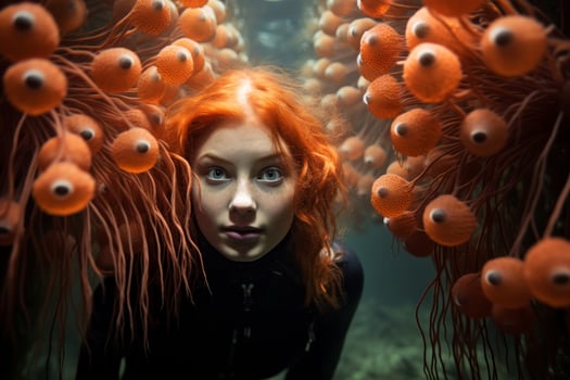 Mysterious woman surrounded by glowing jellyfish photo