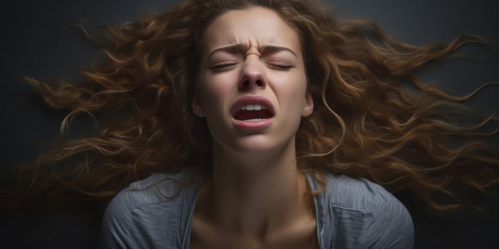 Emotional woman with windblown hair photo