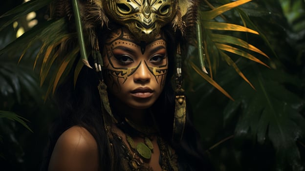 Mysterious warrior woman in ornate tribal costume photo