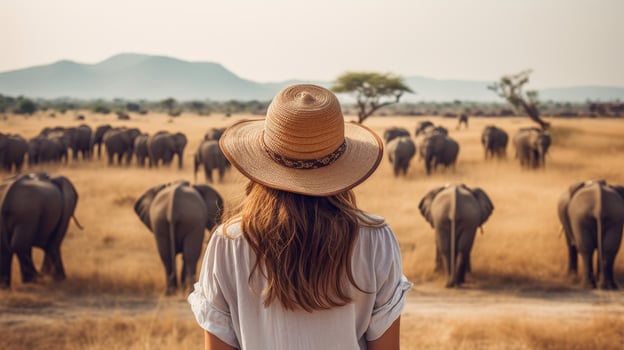 woman observing herd of elephants in savanna photo
