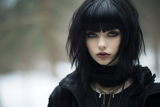 Mysterious woman with dark hair and intense gaze photo