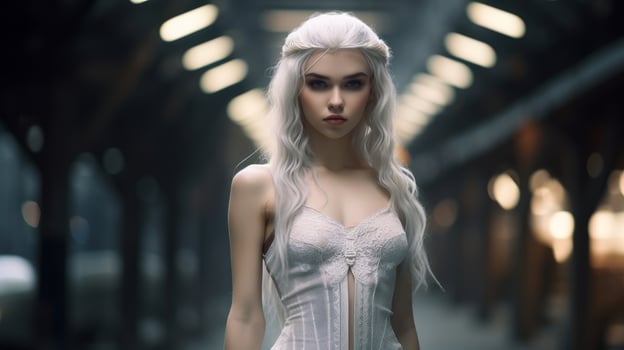 Elegant woman with long white hair in a lace dress photo