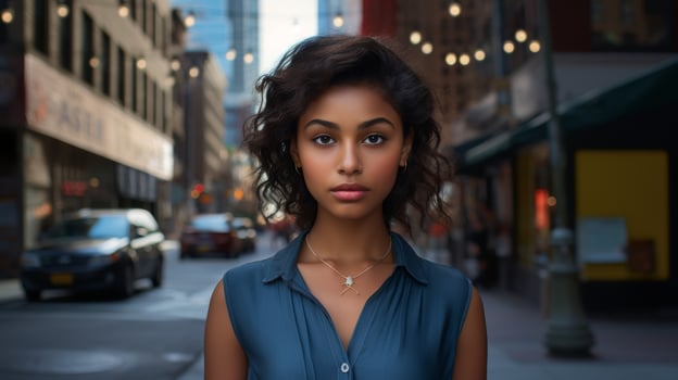 young woman with curly hair in city street photo