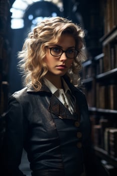 Curly haired woman in glasses and leather jacket photo