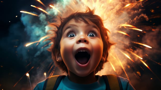 Excited child looking up at fireworks photo