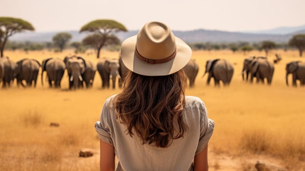 woman observing herd of elephants in savanna landscape photo