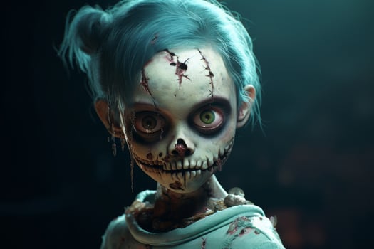Creepy zombie doll with green hair and glowing eyes photo