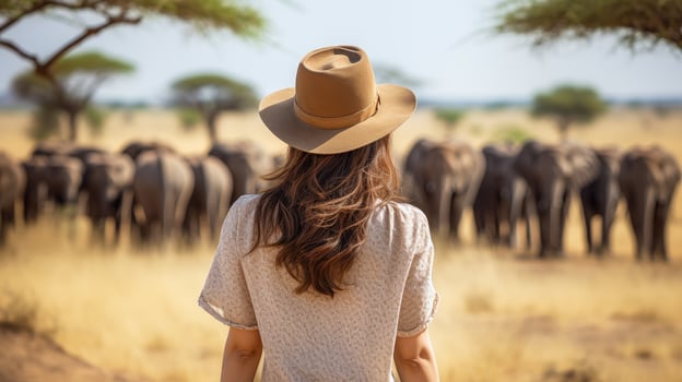 woman in safari hat overlooking herd of elephants photo