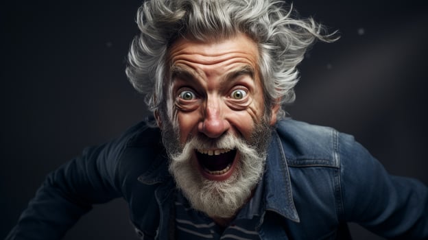 Expressive senior man with wild gray hair and beard photo