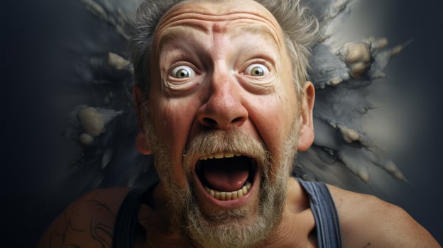 Shocked and surprised elderly man with wild hair and beard photo
