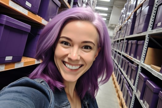smiling woman with purple hair in warehouse photo