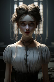 Mysterious woman with intricate hairstyle and dark expression photo