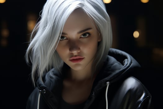 Striking portrait of a young woman with striking white hair photo