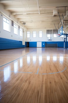 empty indoor basketball court with wooden floor and blue walls photo