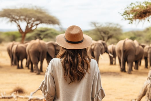 woman observing herd of elephants in african savanna photo