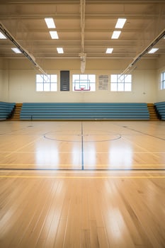 empty indoor basketball court with wooden floor and bleachers photo