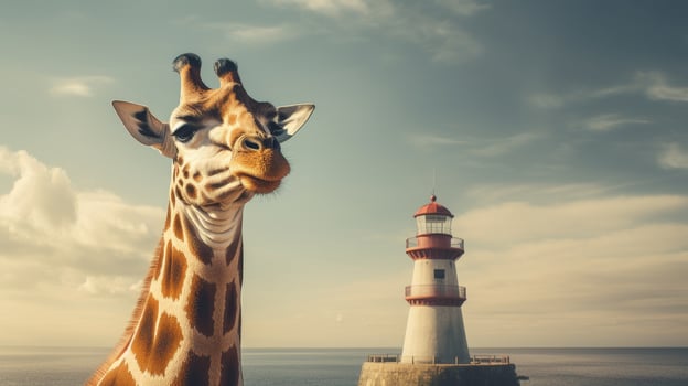 curious giraffe overlooking lighthouse photo