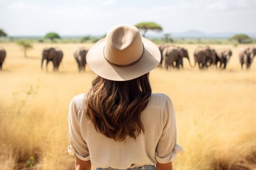 woman observing elephants in the african savanna photo