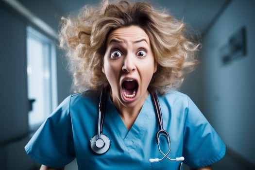 shocked medical professional with wild hair photo