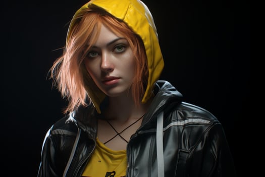Serious young woman in yellow hoodie and black leather jacket photo